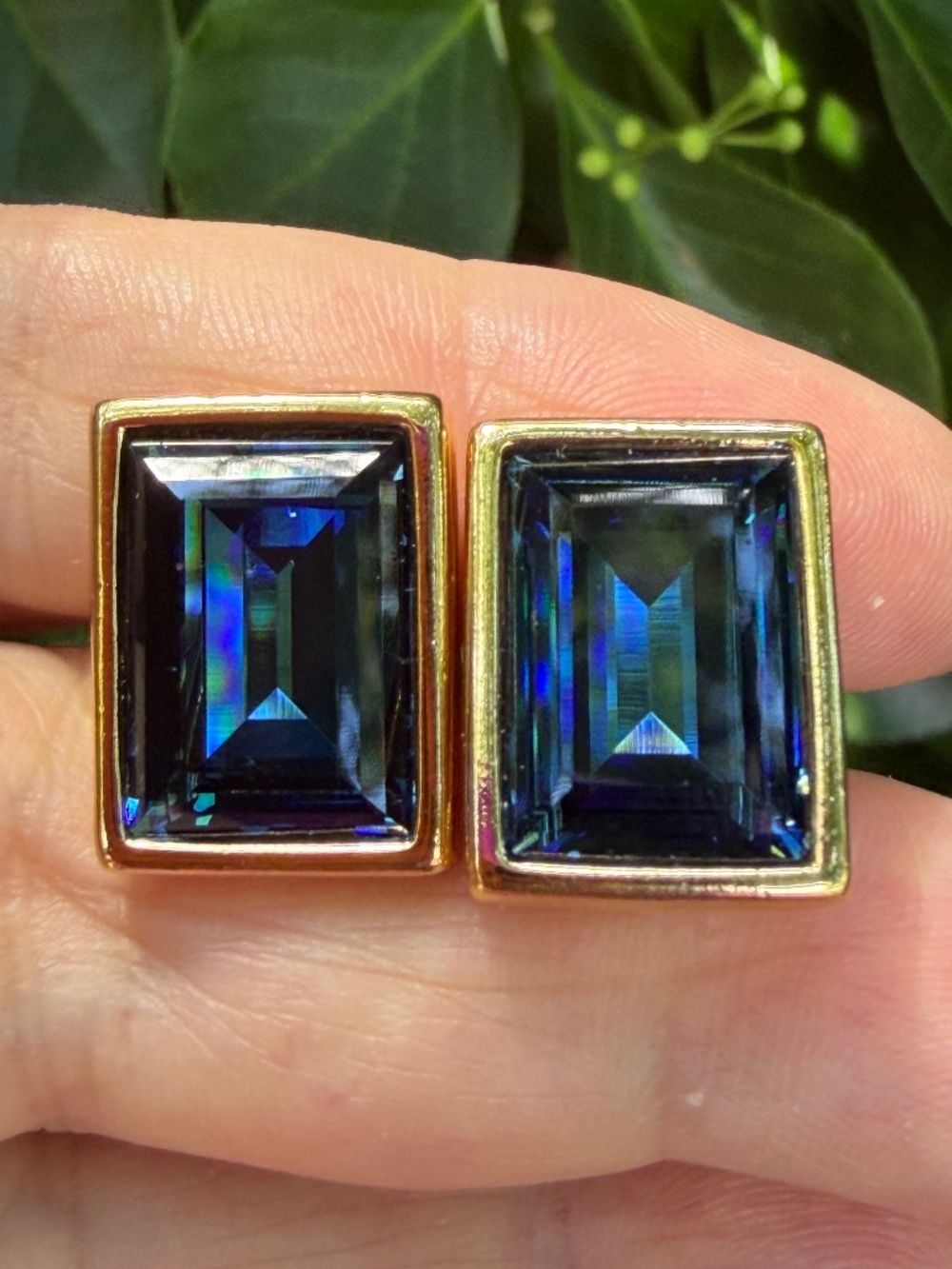 Vintage Swarovski London Blue Emerald step cut Crystals Gold tone Cufflinks